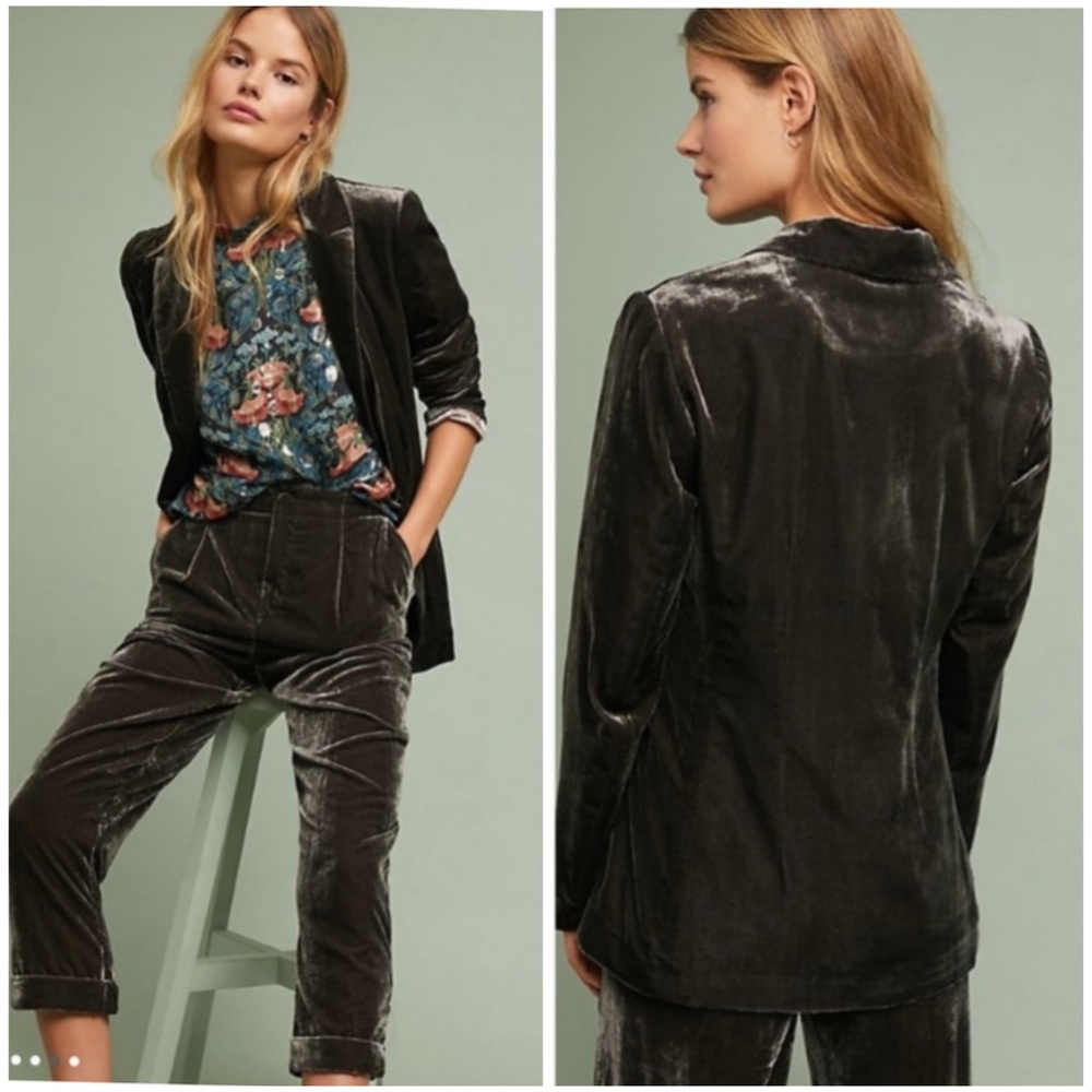 Anthropologie Ett: Twa Gallery Velvet Single Breasted Blazer Carbon Gray Size 0